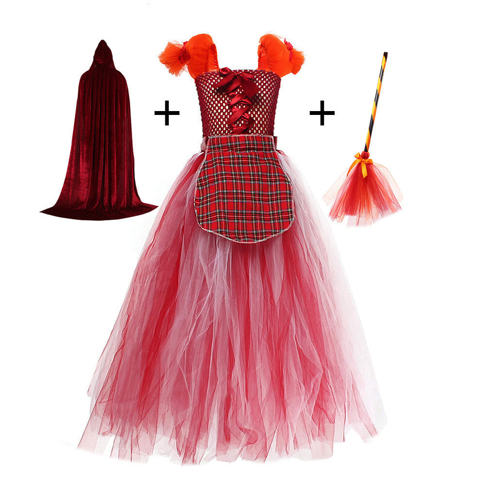 Halloween Costume Witch Children Dress Cloak Broom Set
