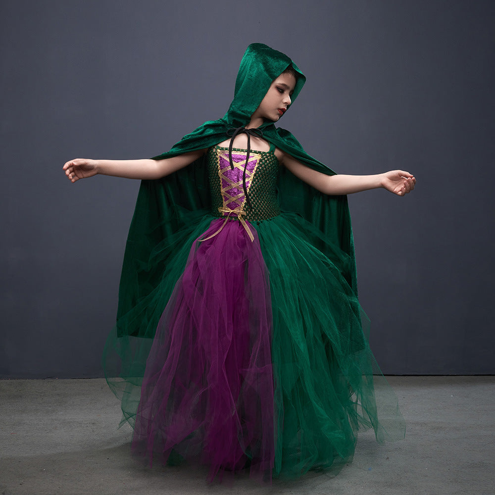 Halloween Costume Witch Children Dress Cloak Broom Set