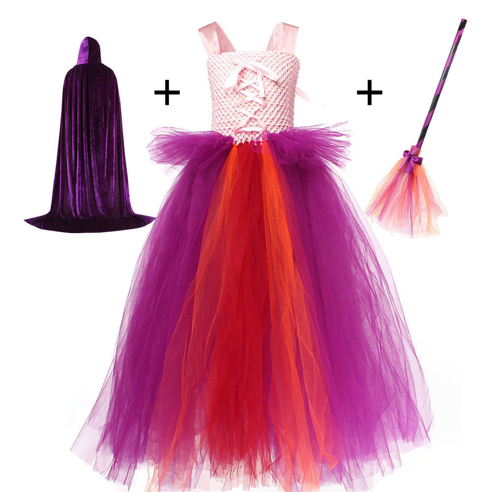 Halloween Costume Witch Children Dress Cloak Broom Set