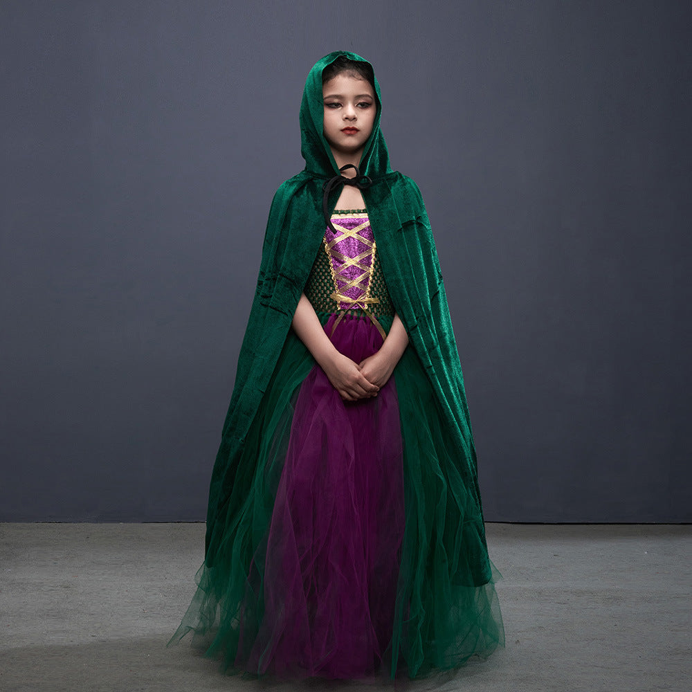 Halloween Costume Witch Children Dress Cloak Broom Set