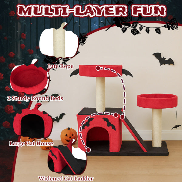 Halloween Cat Climbing Frame Gothic Cat Tree, Cat Tower With Spacious Cat Condo, 2 Padded Perches, Spider Toy, Scratching Posts, Scratching Ladder For Large Cats, Red & Black