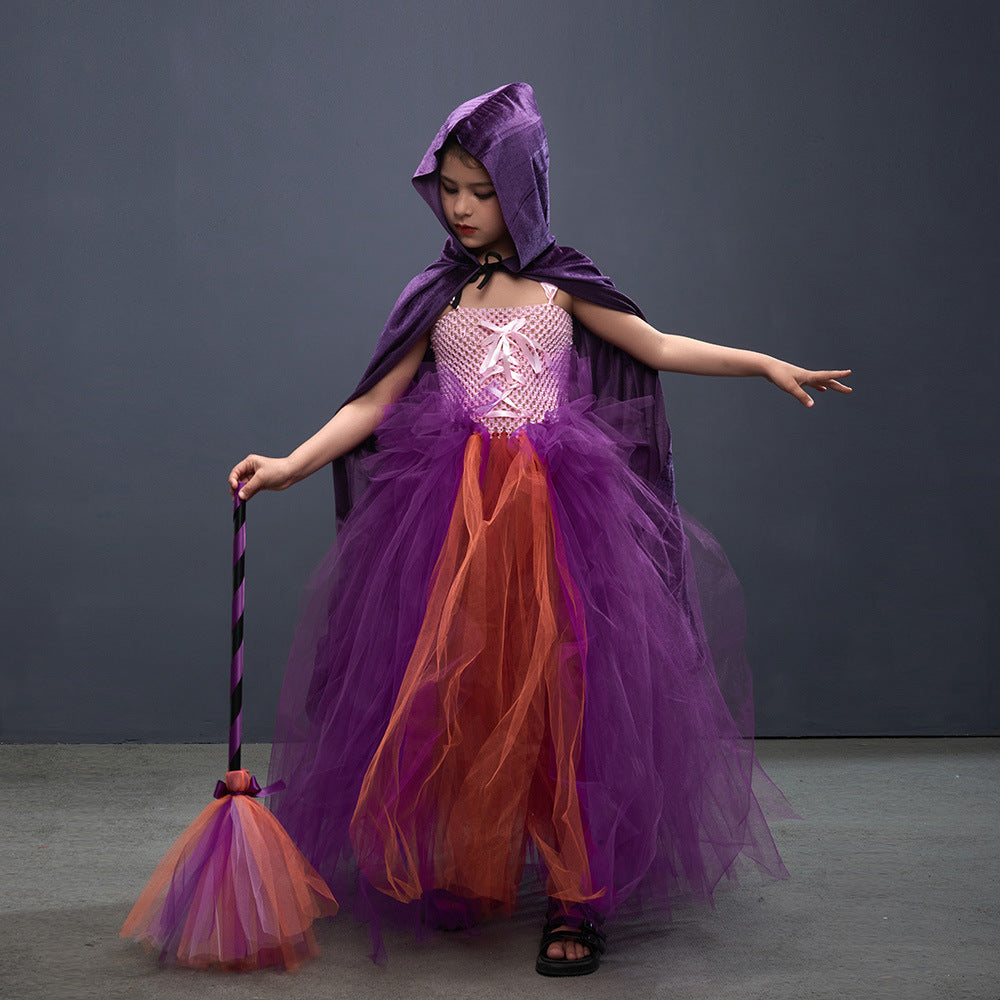 Halloween Costume Witch Children Dress Cloak Broom Set