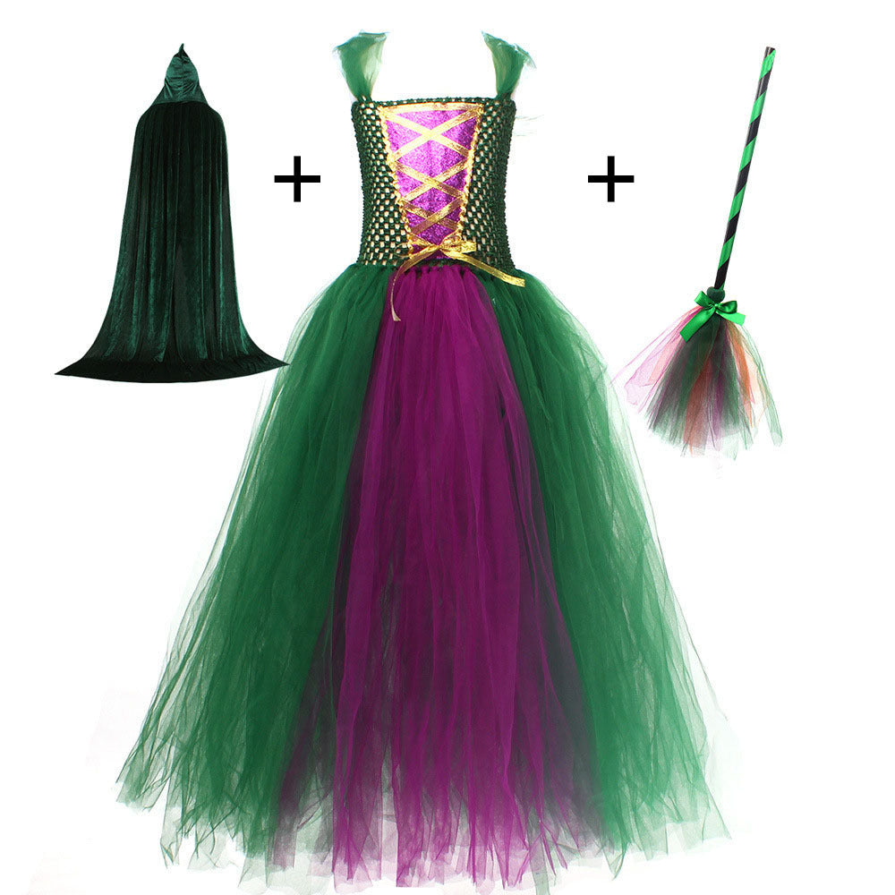 Halloween Costume Witch Children Dress Cloak Broom Set